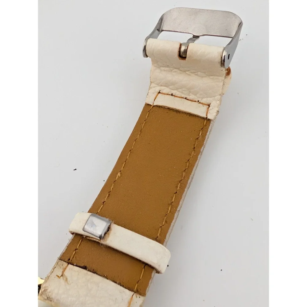 Elephant‎ Dial Watch Women 38mm Gold Case White Faux Leather Band- New Battery